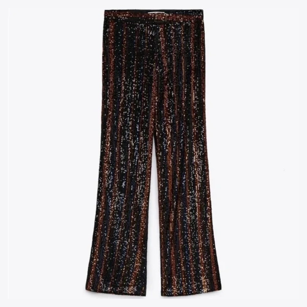 Zara | Sparkle Sequins Flare Wide Leg Pants Striped Black Red - 3440/251/800 - Picture 4 of 12